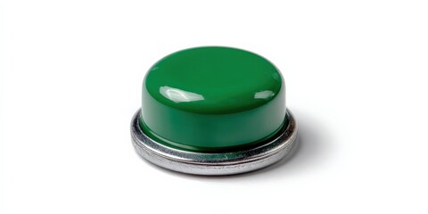 Close-up of a shiny green button on a metallic base.
