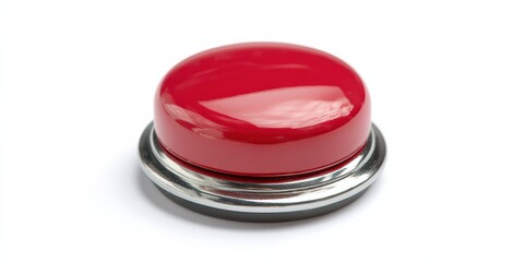 Red button, shiny surface, isolated on white background.
