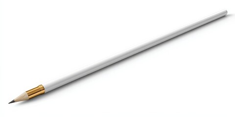 Sleek white pencil with gold accents, isolated on white background. Minimalist design.