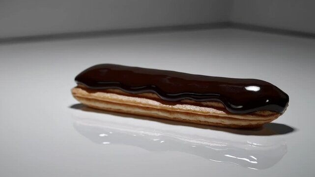 Chocolate eclair rotation on white surface showcasing glossy texture and baked detail