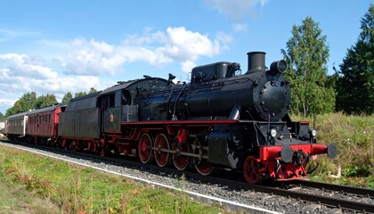 Obraz premium Classic steam locomotive pulling passenger cars against a blue sky backdrop