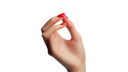 Female hand with red manicured nails isolated on transparent background