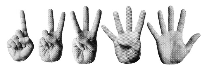 hands showing one to five fingers count signs, vintage photocopy style, retro halftone effect collection
