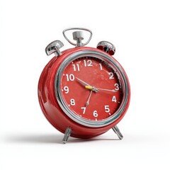 Retro red alarm clock on white background. Time is 7:55.