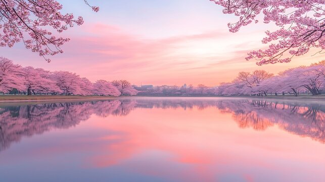 Beautiful cherry blossom landscape reflections calm lake during early morning wide angle capture deep focus f11 pastel sky blossoms mirrored perfectly water polarizing filter applied no humans no text