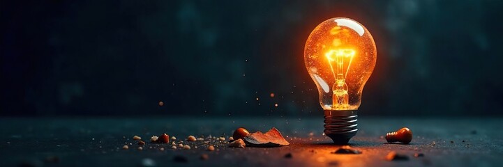 A shattered lightbulb on a dark background, symbolizing the potential energy within even broken things, the power found in overcoming setbacks  ,  potential,  rebuild