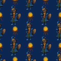 Seamless Halloween pattern featuring adorable beavers dressed as wizards, holding glowing jack-o-lanterns on rustic wooden stools against a deep blue background.