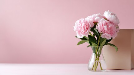 A beautiful arrangement of pink peonies in a clear vase. These flowers bring a touch of nature indoors. A perfect decoration for weddings or special events. Soft colors enhance charm. AI