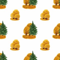Seamless autumnal pattern featuring stylized illustrations of evergreen and golden deciduous trees on a white background, creating a cheerful and vibrant design.
