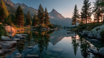 Peaceful mountain landscape during sunrise with golden soft light, mist hovering over pine trees, crystal-clear lake reflecting sky, ultra HD nature photography style, high detail, serene and 