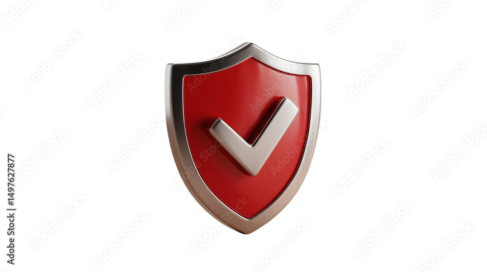 Poster a red shield with a silver border and a silver check mark in the center on a black background