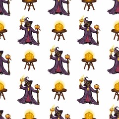 Seamless Halloween pattern featuring adorable cartoon beavers dressed as wizards, holding glowing staffs, and jack-o-lanterns on rustic tables, creating a whimsical and enchanting autumnal design.