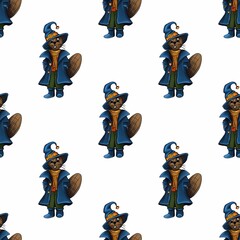 Seamless pattern featuring charming cartoon beavers dressed as wizards, wearing blue coats and pointed hats, against a white background. © Khrystyna Turchyn