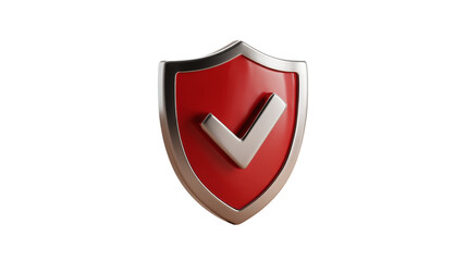 A red shield with a silver border and a silver check mark in the center on a black background