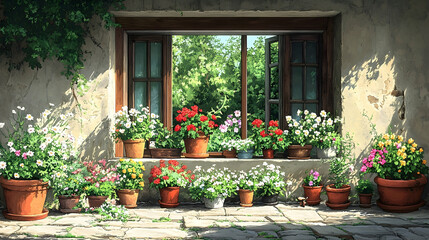 Naklejka premium Window box display with flowers of varied colors. Potted plants on a stone wall, view to lush foliage beyond