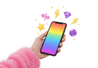 Hand holding smartphone with rainbow screen isolated on transparent background