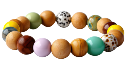Vibrant Bead Bracelet: An exquisite bead bracelet, a mosaic of colors and textures, sits poised. Its round beads, a variety of warm wood tones, glossy finishes, and patterned designs.