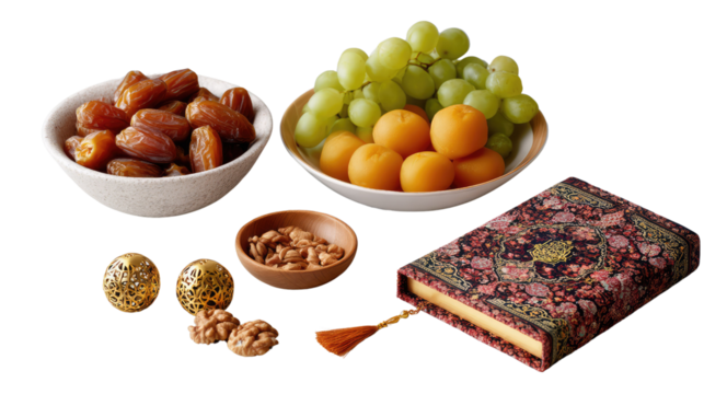 Abundance of Blessings: Dates, grapes, walnuts, apricots, a prayer book, and decorative spheres, set the stage for a rich and reverent experience, inviting reflection and gratitude. 