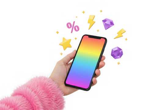 Hand holding smartphone with rainbow screen isolated on transparent background