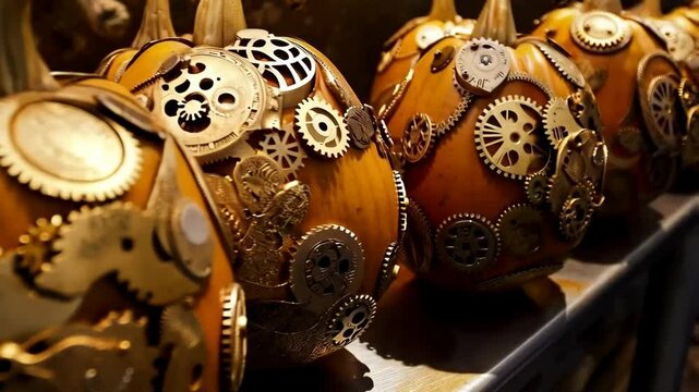 Arrangement of creative pumpkins decorated with brass colored gears, cogs, and machinery parts for Halloween or autumn decor.