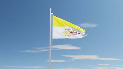 3D rendering of the Holy See flag, with yellow and white vertical bands and the Vatican coat of arms, waving atop a snow-covered mountain peak, symbolizing spiritual authority and timeless sovereignty