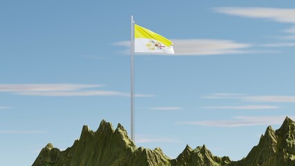 3D rendering of the Holy See flag, with yellow and white vertical bands and the Vatican coat of arms, waving atop a snow-covered mountain peak, symbolizing spiritual authority and timeless sovereignty