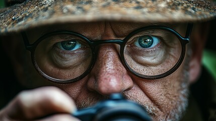 A spy, a private detective, who follows a client. man wearing glasses and hat, holding a camera. detailed focus on his face, camera suggests themes of photography and exploration.