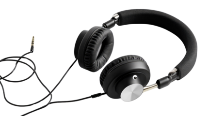 Modern Headphones:  A sleek pair of black and silver headphones, intricately designed, ready to deliver high-fidelity sound for an immersive audio experience.