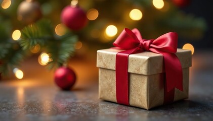 Elegant gift box, silk ribbon, under Christmas tree , present, ornament