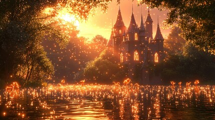 Obraz premium Enchanting castle at golden sunset