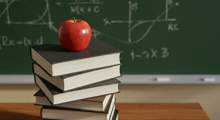 Back to School Stack of Books and Apple on Desk with Chalkboard Background