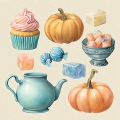 Assortment of Pumpkins, Candies, Tea Pot and Cupcake Watercolor Style