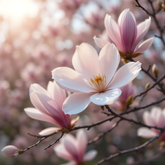 Pink magnolia tree blossoms bloom in spring