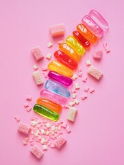 Colorful gummy candies and marshmallows arranged on a pink background in a diagonal line pattern
