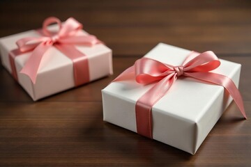 Fototapeta premium Elegant minimalist gift boxes, silk ribbon, wood table, business, detail