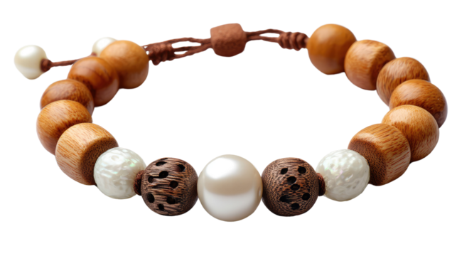 Elegant Wooden Beaded Bracelet: This exquisite bracelet features a harmonious blend of light and dark wood beads, accented with lustrous pearls, creating a sophisticated and stylish accessory.