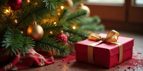 Obraz premium Elegant vintage gift boxes, gold thread accents, beneath Christmas tree , yuletide, winter, stylish