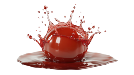 Red sphere impacting liquid  isolated on transparent background