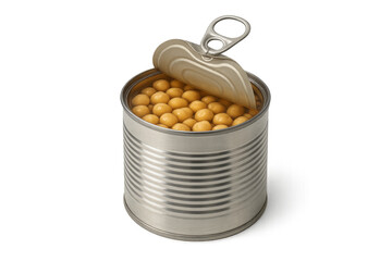 Open tin can exposing tasty peas on transparent background