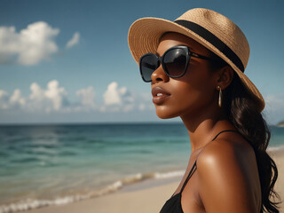 young woman in sunglasses on the beach