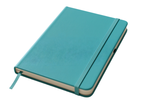 A close up photograph of a stylish turquoise colored leather notebook with a ribbon bookmark and elastic band on a solid black background, perfect for business and personal use.