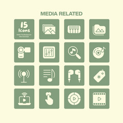 Essential media related icons pack featuring symbols for video audio music streaming sharing and digital content playback controls