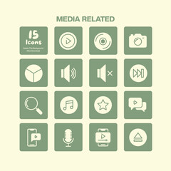 Essential media related icons pack featuring symbols for video audio music streaming sharing and digital content playback controls