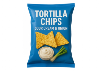 Blue bag of tortilla chips with sour cream and onion flavor on transparent background