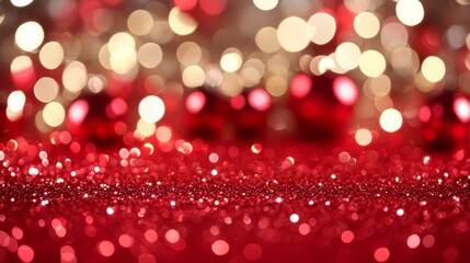 Holiday Shimmer and Shine: Festive red ornaments and sparkling glitter create a captivating bokeh effect, radiating holiday cheer.  The image captures the spirit of a joyous celebration.