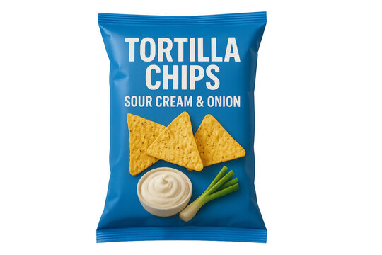 Blue bag of tortilla chips with sour cream and onion flavor on transparent background