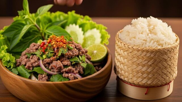 A flavorful bowl of Larb, a traditional Southeast Asian dish, alongside sticky rice in a bamboo container, offering a glimpse into cultural cuisine.