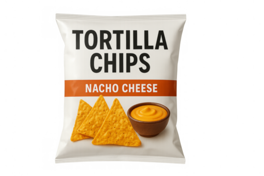 Tortilla chips with nacho cheese flavor are shown on a transparent background