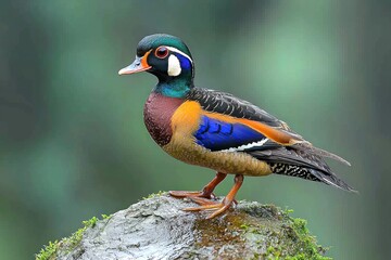 Obraz premium A vibrant male mandarin duck perched on a mossy rock, showcasing its iridescent plumage against a blurred background.