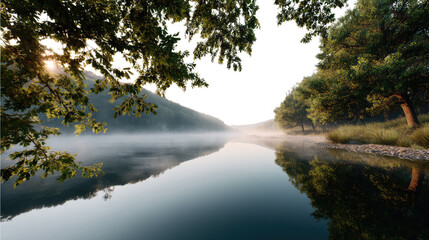Obraz premium Serene River at Sunrise: Mist hangs over a calm river reflecting the tranquil sunrise. Lush green trees frame the scene, creating a sense of serenity and peace. 